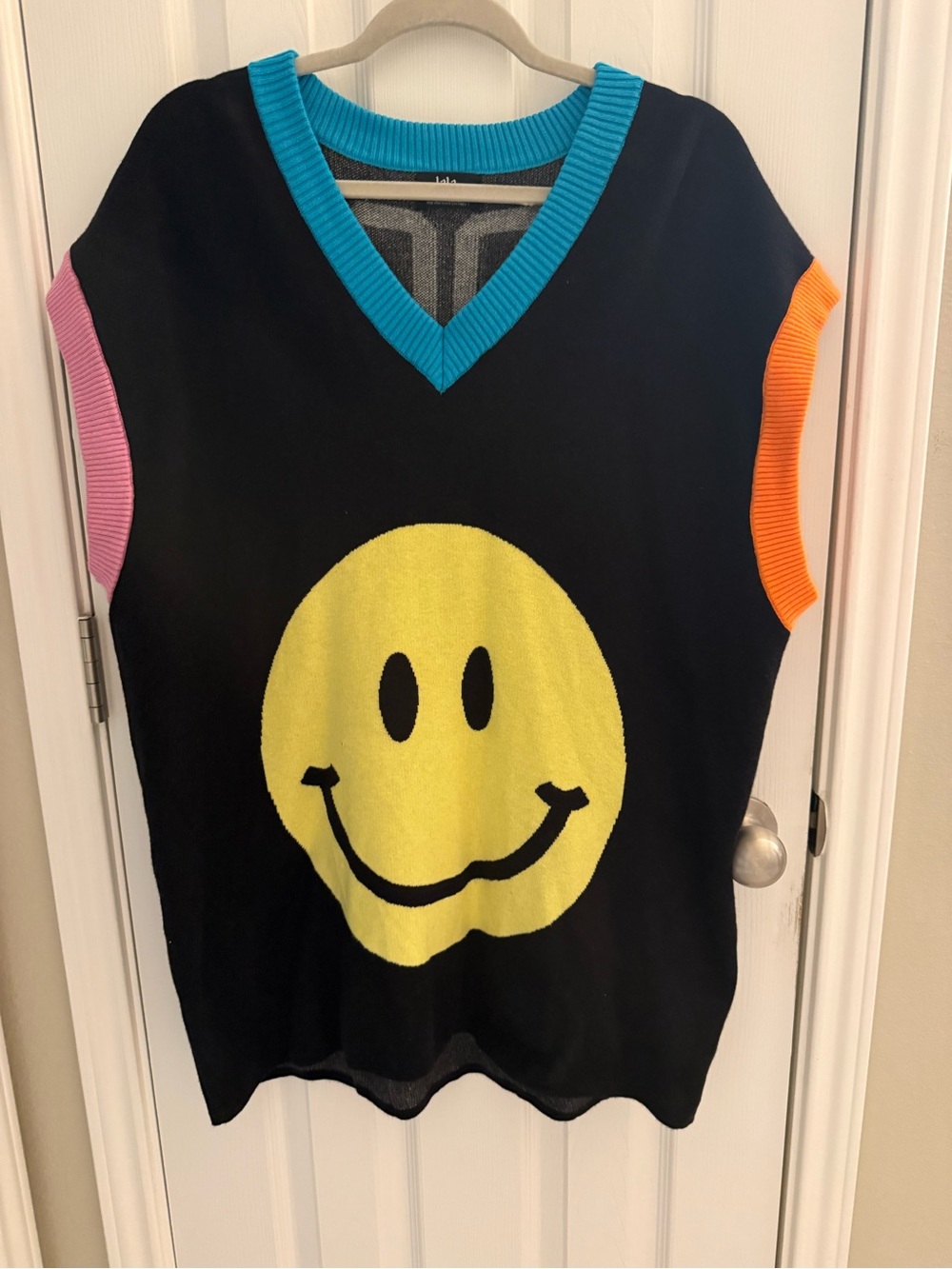 Dressed in LALA Black Knit Vest with Yellow Smiley and Bright Trim